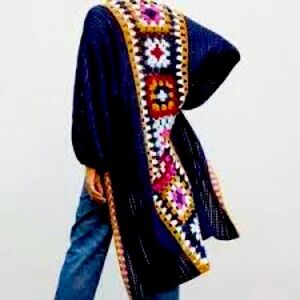 Anthropologie Granny Square Crochet Duster Navy